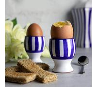 City to Cottage | Set de deux coquetiers | à rayures bleu marine et blanches en céramique fait et peint à la main | Oeufs durs, à la coque