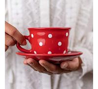 City to Cottage | Tasse et sous tasse à café, à thé | rouge à pois blancs en céramique faite et peinte à la main | 250ml