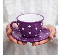 City to Cottage | Tasse et sous tasse à café, à thé | Violette à pois blancs en céramique faite et peinte à la main| Grande 350ml