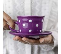 City to Cottage | Tasse et sous tasse à café, à thé | Violette à pois blancs en céramique faite et peinte à la main | 250ml