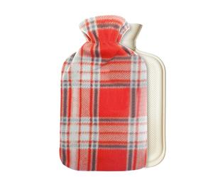 CityComfort Bouillotte avec Housse Polaire, Bouteille 1,5 L Caoutchouc Réutilisable, Soulager la Douleur, Se Réchauffer, Écologique, Idée Cadeau (Rouge/Gris Carreaux)