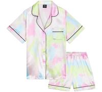 CityComfort Ensembles de Pyjama Fille et Ado Ensembles de Nuit d'Été Boutons Short Pyjama Satin Loungewear Set Vêtement de Nuit à Manche Courte (7-8 Ans, Multi Arc-en-Ciel)