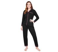 CityComfort Pyjama Femme Hiver Coton Ensemble Boutonné Devant Loungewear Vêtements de Nuit S-XL (Noir, M)