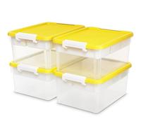 Citylife Lot de 4 boîtes de rangement avec couvercle, jaune, 16 l, en plastique, avec couvercle pour plaque de construction et plateau amovible, organisateur artisanal, boîte de rangement transparente