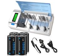 CITYORK Chargeur de Batterie Universel pour écran LCD avec Fonction de décharge pour Batteries AA, AAA, C, D, 9V NI-MH NI avec 4 Batteries NI-MH D Taille 10000mAh