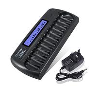 CITYORK Chargeur Intelligent LCD avec 12 emplacements et Protection IC intégrée, pour Piles Rechargeables AA/AAA Ni-MH/Ni-CD avec Adaptateur Secteur Mural