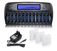 CITYORK Kit de chargeur de batterie LCD 12 baies pour piles AA AAA NI-MH NI-CD avec 6 piles AA 3000 mAh et 6 piles AAA 1100 mAh rechargeables (bloc d'alimentation)