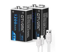 CITYORK Lot de 2 batteries rechargeables 9 V, 1200 mAh haute capacité 6F22 avec câble USB faible auto-décharge