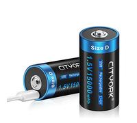CITYORK Lot de 2 piles rechargeables D Cell haute capacité 1,5 V 15 000 mWh au lithium D par USB avec câble de charge de type C