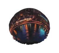 Cityscape Night Canada Bonnet de douche imperméable à double couche pour cheveux longs/bouclés Réutilisable et facile à transporter