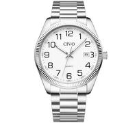 CIVO Montre Homme Lecture Facile: Acier Argent Grand Cadran Blanc Etanche Analogique - Cadeau pour Les Personnes Âgées Ayant Une Déficience Visuelle