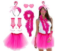 CIYIN Deguisement Flamant Carnaval Femme, Flamingo Costume Set avec Bandeau Flamant, Jupe, Boa en Plumes Lunettes Amour et Gant, pour carnaval Cosplay Fête