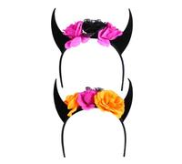 CIYODO 2 Pièces Bandeau Cornes de Diable Halloween avec Crâne et Fleurs Accessoires de Tête pour Adultes et Garçon Fille Décoration de Costume pour Fête et Jour des Morts Lot de Noir et