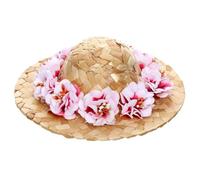 CIYODO Chapeau De Paille pour Animaux De Compagnie Tissé Mentonnière Réglable Motif Fleur Rose Taille m Accessoire Été Léger pour Chiens De Compagnie Usage Quotidien