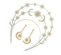 CIYODO Couronne Mariage Dorée Étoile Lune avec Boucles Oreilles Serre-tête Déesse Trois Couches pour Femme Bijou de Tête et Élégant pour Mariée et Fête