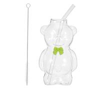 CIYODO Tasse en Verre D’Ours 320 Ml avec Paille et Goupillon Vert Gobelet Réutilisable pour Jus Café et Eau Set de 3 Pièces Cuisine Restaurant et Fête