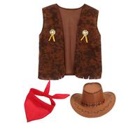 CIYODO Tenue de Cowboy Western Adulte 3 Pièces Xl Gilet sans Manches Marron, Chapeau de Cow-boy et Bandana Uni pour Carnaval et Fête Déguisée
