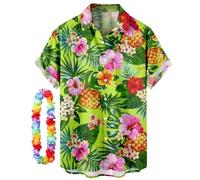 CIZEUR Chemise hawaïenne Homme Imprimée à Manches Courtes Colorées- Fleurs -Ananas -Coco-Flamants Roses，L GN-Fleurs Ananas