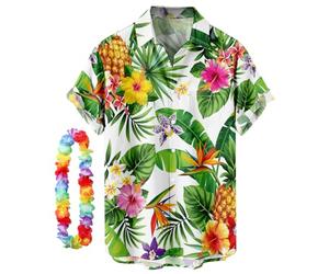 CIZEUR Chemise hawaïenne Homme Imprimée à Manches Courtes Colorées- Fleurs -Ananas -Coco-Flamants Roses，5XL WT-Feuille Verte et Ananas