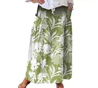 CIZEUR Jupe Longue Chic Femme Ete Floral A-Line avec Taille Elastique Jupe Bohème pour Plage- Vacance-, L GN-Herbe Blanche
