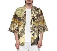 CIZEUR Kimono Japonais Homme Veste Vintage Chinese Style Casual Chemise Homme Manches 3/4 Taille Grande, XL Peinture Chinois