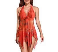 CIZEUR Tankini Femme Grande Taille Push Up Col V avec Coussins de Poitrine Jupe Florale Transparent 3XL Orange-2