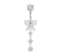 Cizme 925 en Argent Piercing du Nombril 14G 8mm Barre d'ombilic avec Pendentif de Papillon Bijoux de Piercing au Ventre avec CZ