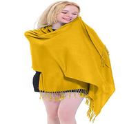 CJ Apparel Écharpe châle couleur unie avec pompons - Fabriqué à la main au Népal, Jaune ambre., Taille unique