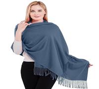 CJ Apparel Épais couleur unie motif pompons en coton mélangé châle écharpe, écharpe, couvre-tête, pashmina, bleu jean, taille unique