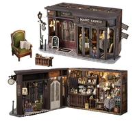 Cjeuxnr Ensemble de maison de poupée miniature Vintage Magie Coffee Shop, DIY Bois Artisanat Salle Créative Avec Meubles et Housse Anti-poussière Ensemble Fait À La Main, Cadeau Parfait Pour Adultes