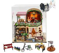Cjeuxnr Kit de construction de maison de poupée miniature en bois fait à la main, avec lumières LED et musique, cadeau romantique de Saint-Valentin (café + housse anti-poussière)