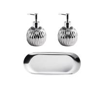 CJHFR472SG Salle de Bain Ensemble de 3 distributeurs de Savon en céramique for comptoir avec Plateau, for Cuisine et Salle de Bain, Flacon Pompe for Lotion Porte Savon Liquide(Silver)