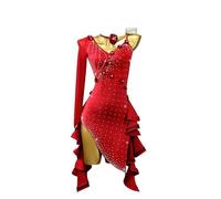 CJHYSMD Robe de Danse Latine Salsa à col en V pour Femmes Tenue de Danse de Salon Tango à Manches Simples Costumes de Concours de Cha Cha Creux Strass Dancewear Moderne,WineRed,S