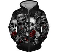 CJINSON Sweat à capuche pour homme avec motif tête de mort d'ange en 3D et fermeture éclair intégrale