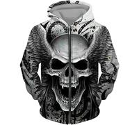 CJINSON Sweat à capuche pour homme avec motif tête de mort d'ange en 3D et fermeture éclair intégrale