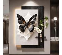 CJWKXQOL Décoration Murale LED 3D Papillon, Tableau Relief Texturé avec Vase en Verre, Sculpture Murale Moderne pour Salon, Entrée et Couloir(A-Black,60 * 80cm/23.6 * 31.5in)