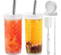 CJWLKJ Boba Cup - Lot de 2 tasses à thé aux perles réutilisables avec couvercles, pailles, 2 couvercles hermétiques, texture diamant, 710 ml, tasse à café glacé à large goulot, gobelet à smoothie en