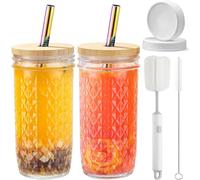 CJWLKJ Lot de 2 gobelets en verre avec couvercles en bambou et pailles, tasse à thé aux perles de 710 ml avec 2 couvercles hermétiques, tasse à café glacé, gobelet réutilisable pour smoothie, jus,