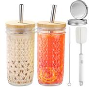 CJWLKJ Lot de 2 verres en verre de 710 ml avec couvercles et pailles, bocaux Mason réutilisables pour thé à bulles, verres à boire pour café glacé, eau, cocktail, whisky, soda, cadeau