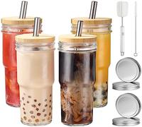 CJWLKJ Lot de 4 gobelets en verre de 710 ml avec couvercles, pailles et 4 couvercles hermétiques, réutilisables pour thé aux perles Boba, à large goulot pour smoothie, cadeau