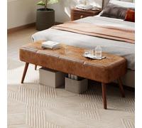 Ckaff Banc Bout de Lit Banquette, Banc d' Entrée Capitonnée Assise Rembourré en Cuir PU 113.5x36.5x43cm avec Pieds en Bois pour Entrée Salon Chambre à Coucher, Brun