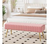 Ckaff Banc Bout de lit Banquette, Banc d' Entrée Capitonnée Assise Rembourré en Velours 113.5x36.5x43cm avec Pieds en Métal pour Entrée Salon Chambre à Coucher, Rose