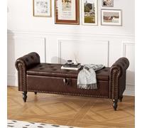 Ckaff Banc de Rangement 132cm, Banc Bout de Lit Coffre de Rangement, Repose-Pieds Pouf avec Espace de Rangement en Similicuir pour Chambre à Coucher Salon Couloir Entrée, Marron Noir