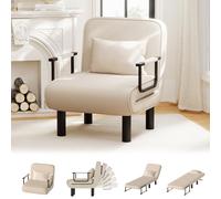 Ckaff Chauffeuse Canapé-Lit 4-en-1, Chauffeuse 1 Place, Fauteuil Lit Convertible, Lit d'Appoint Chaise Longue avec Dossier Réglable en 6 Positions et Coussin pour Salon Chambre Bureau, Beige