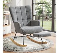Ckaff Fauteuil à Bascule avec Repose-Pieds, Fauteuil Allaitement avec Repose-Pieds, Chaise à Bascule Scandinave Bouclette en Boucé en Bois Massif pour Chambre d' Enfant Salon Balcon, Gris
