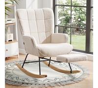 Ckaff Fauteuil à Bascule avec Repose-Pieds, Fauteuil Allaitement avec Repose-Pieds, Chaise à Bascule Scandinave Bouclette en Boucé en Bois Massif pour Chambre d' Enfant Salon Balcon, Blanc Ivoire