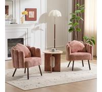 Ckaff Fauteuil de Salon avec Coussin, Fauteuil Coiffeuse avec Dossier Pétale, Chaise Coquillage avec Pied Bois Chaise Coiffeuse Coussin Confortable pour Salon Bureau Chambre (Rose, Lot de 2)