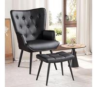 Ckaff Fauteuil Salon avec Repose-Pieds, Fauteuil Scandinave Relax en Similicuir avec Accoudoirs & Dossier, Chaise Chambre pour Salle à Manger, Salon, Chambre, Chaise Bureau, Allaitement, Noir
