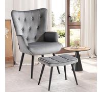 Ckaff Fauteuil Salon avec Repose-Pieds, Fauteuil Scandinave Relax en Velours avec Accoudoirs & Dossier, Chaise Chambre pour Salle à Manger, Salon, Chambre, Chaise Bureau, Allaitement, Gris