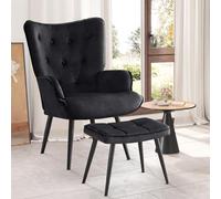 Ckaff Fauteuil Salon avec Repose-Pieds, Fauteuil Scandinave Relax en Velours avec Accoudoirs & Dossier, Chaise Chambre pour Salle à Manger, Salon, Chambre, Chaise Bureau, Allaitement, Noir